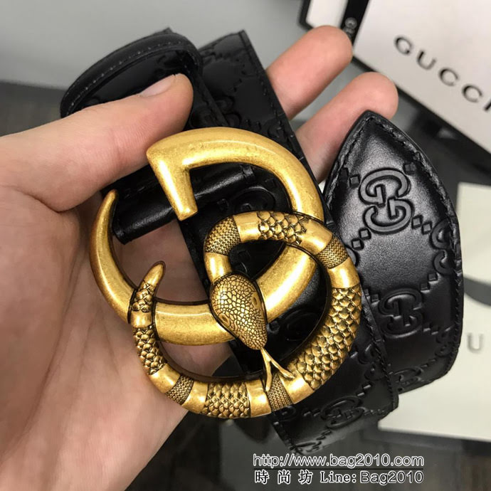 GUCCI古馳 官網新款 正品規格 原單品質 頭層小牛皮壓花 對版尖尾 復古花蛇GG古金扣 男士皮帶  xfp1087